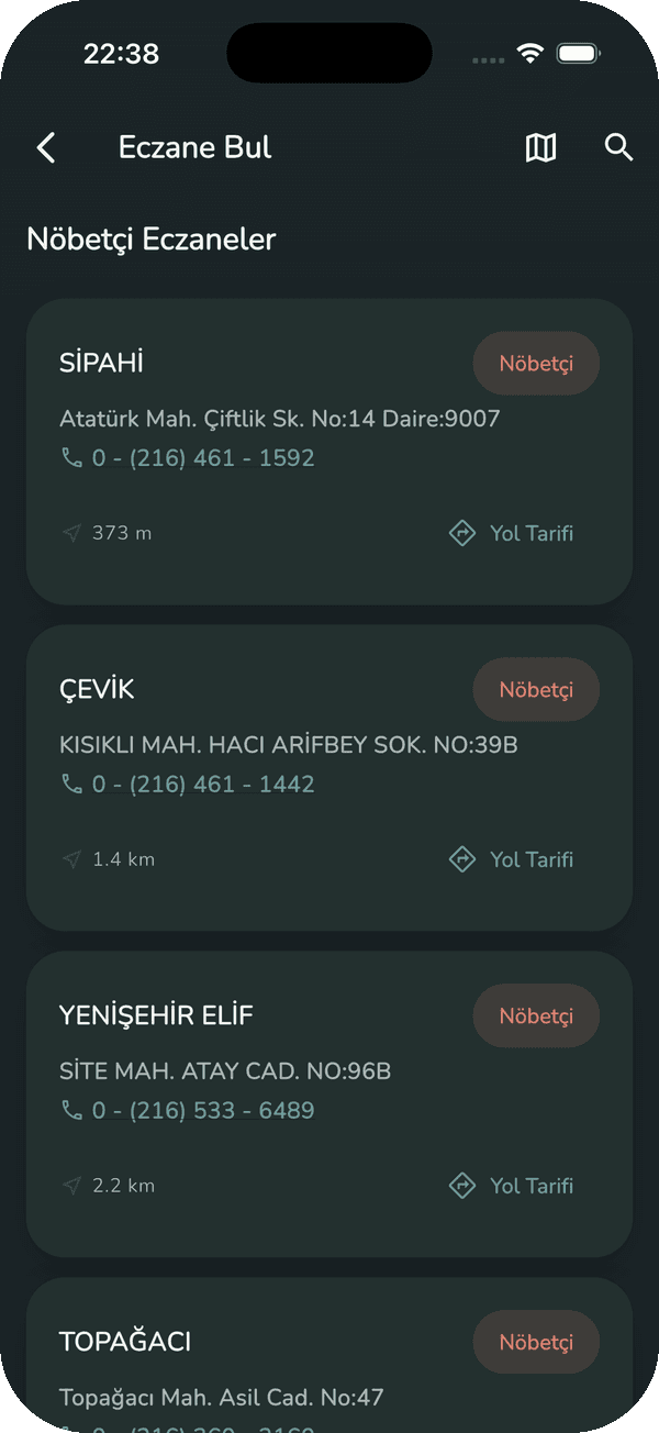 Dosemio uygulamasında nöbetçi eczane listesi ekran görüntüsü